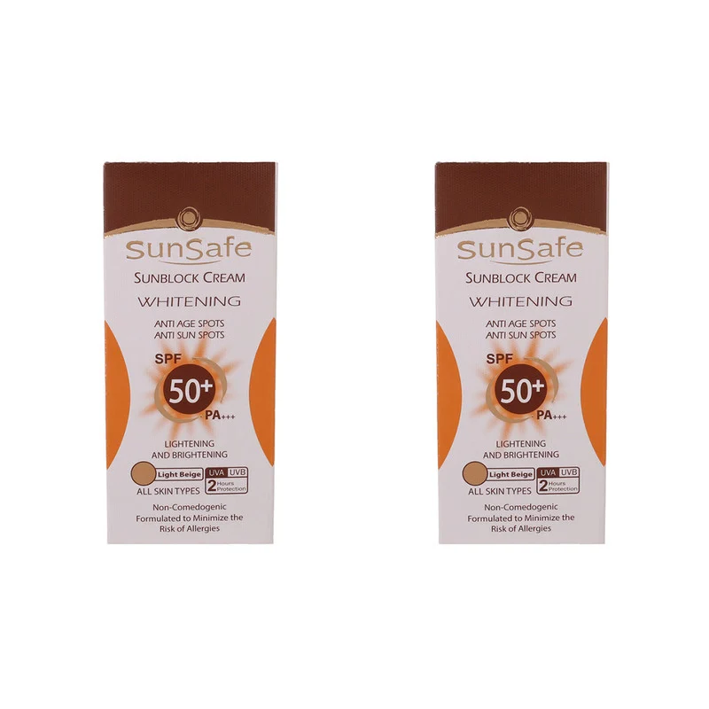 کرم ضد آفتاب رنگی دست و صورت سان سیف SPF 50 مدل روشن کننده و ضد لک ‌محافظ UVA ،UVB، مناسب برای انواع پوست حجم 50 میلی‌لیتر بسته ۲ عددی