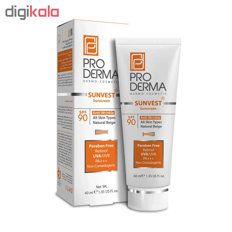 کرم ضد آفتاب رنگی پرودرما، SPF 90، مدل 90 Sunvest، مناسب انواع پوست با تنالیته متوسط و حجم 40 میلی لیتر، ضدآب، فاقد پارابن، محافظت‌کننده در برابر اشعه‌های UVA و UVB و غیر کومدون‌زا، PA+++، ضد چروک، دارای فرمولاسیون ویتامین C، با ماندگاری 2 ساعته