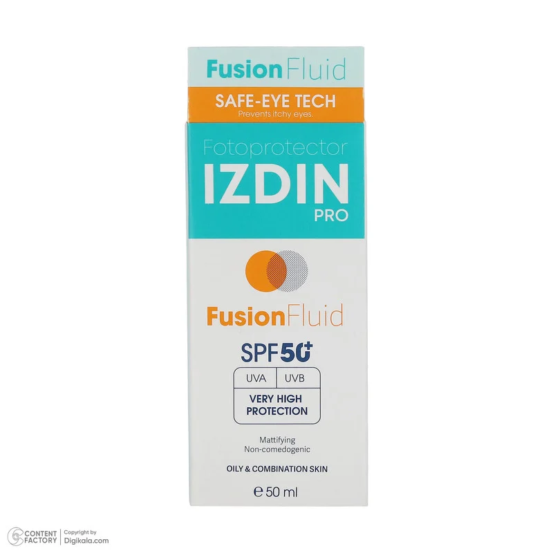فلوئید ضد آفتاب بیرنگ صورت و گردن ایزدین پرو SPF 50 مدل Safe Eye Tech محافظ در برابر اشعه UVA و UVB مناسب برای پوست چرب و مختلط حجم 50 میلیلیتر