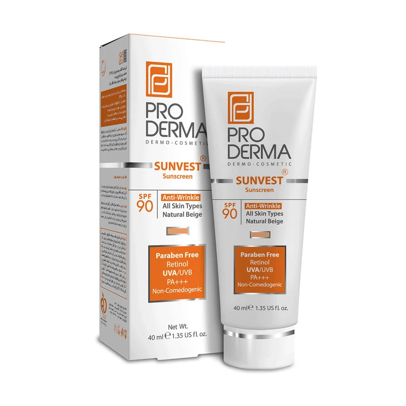 کرم ضد آفتاب رنگی پرودرما، SPF 90، مدل 90 Sunvest، مناسب انواع پوست با تنالیته متوسط و حجم 40 میلی لیتر، ضدآب، فاقد پارابن، محافظت‌کننده در برابر اشعه‌های UVA و UVB و غیر کومدون‌زا، PA+++، ضد چروک، دارای فرمولاسیون ویتامین C، با ماندگاری 2 ساعته