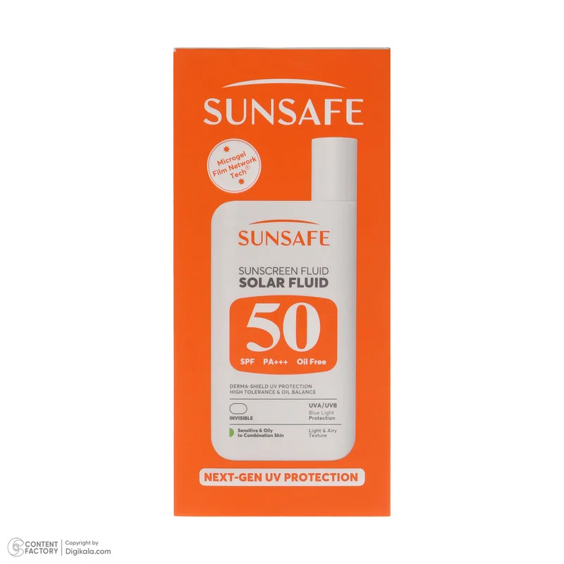 فلوئید ضد آفتاب بی‌رنگ صورت و بدن سان سیف SPF 50 مدل Solar ‌محافظ در برابر اشعه UVA و UVB مناسب برای پوست حساس و چرب حجم 50 میلی‌لیتر
