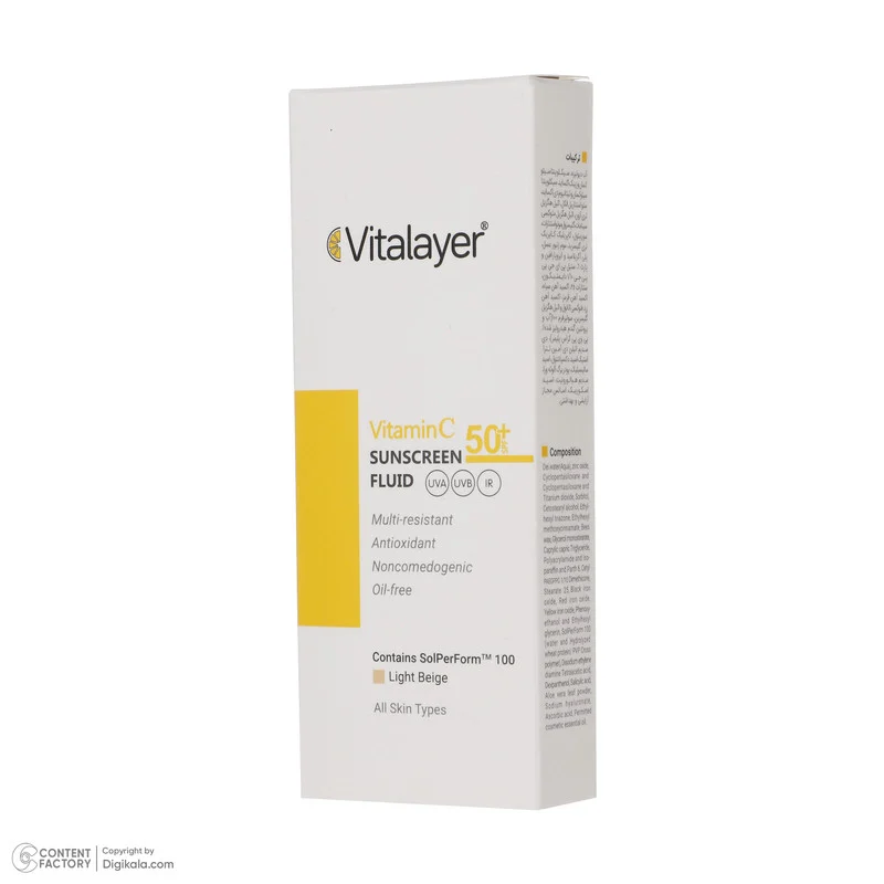 فلوئید ضدآفتاب رنگی ویتالیر، 50 SPF، مدل Vitamin C، مناسب انواع پوست تنالیته رنگ متوسط و حجم 50 میلی‌لیتر، ضد آب، محافظت کننده در برابر اشعه UVA، UVB، IR، آنتی‌اکسیدان، فاقد چربی و پارابن، ضد لک، آبرسان، دارای فرمولاسیون غیرکومدون‌زا، با ماندگاری 2 ساعته
