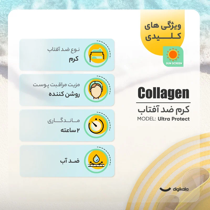 کرم ضد آفتاب بدون رنگ کلاژن، 60 SPF، مدل Ultra Protect، مناسب انواع پوست و حجم 130 میلی‌لیتر، محافظت کننده در برابر اشعه UVA و UVB، ضد آب، +++ PA، نرم کننده، روشن کننده پوست، مات کننده، با ماندگاری 2 ساعته