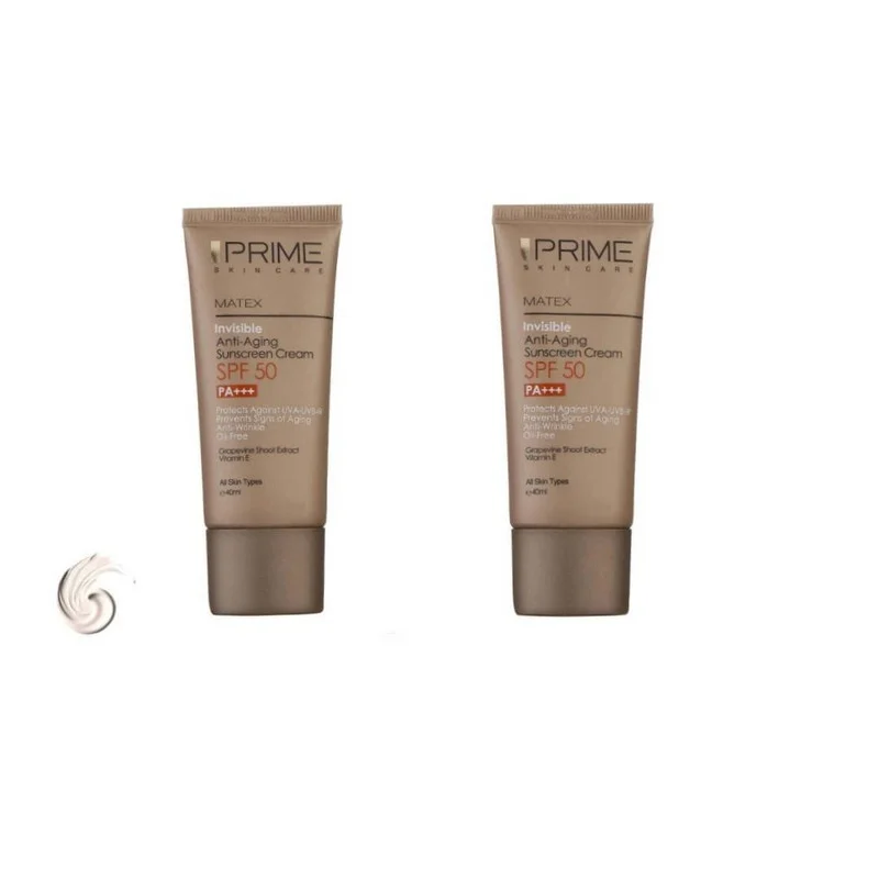 کرم ضد آفتاب بدون رنگ پرایم SPF 50 مدل aging ‌محافظ UVA ،UVB و PA+++ مناسب برای انواع پوست‌ حجم 40 میلی لیتر بسته دو عددی