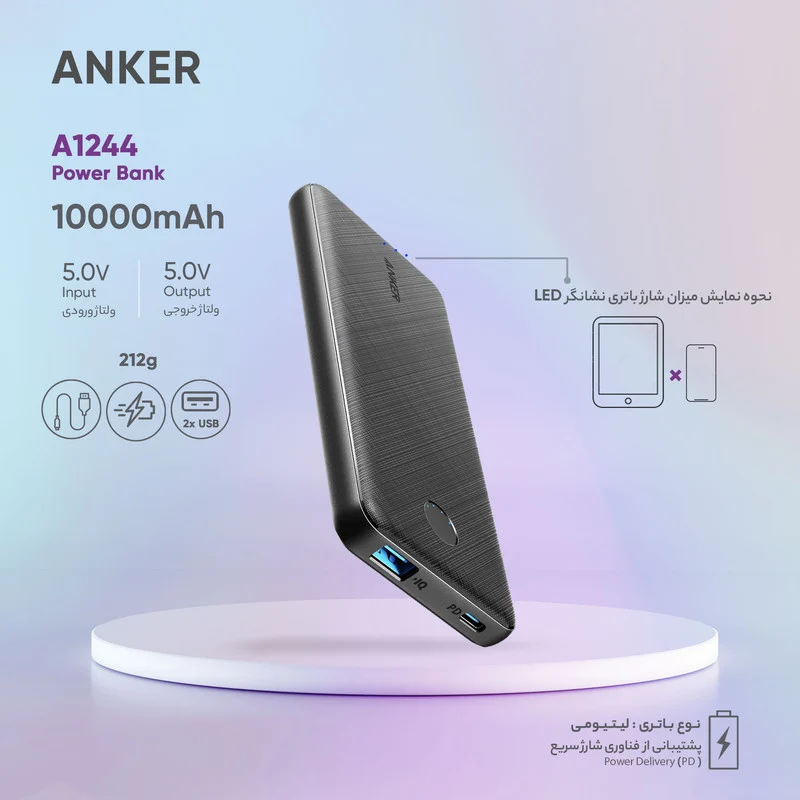 پاوربانک انکر مدل A1244 ظرفیت 10000 میلی آمپر ساعت