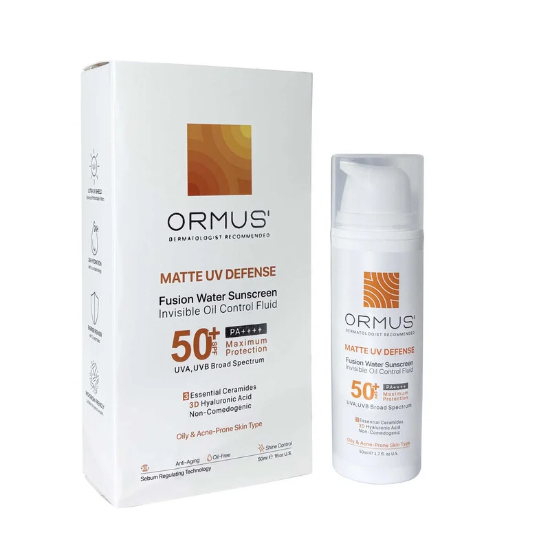 فلوئید ضد آفتاب مات دست، صورت، گردن اورموس +SPF 50 مدل Matte UV Defense محافظ UVA ،UVB و PA++++ ‌مناسب برای پوست آکنه‌دار ، چرب حجم 50 میلی‌لیتر