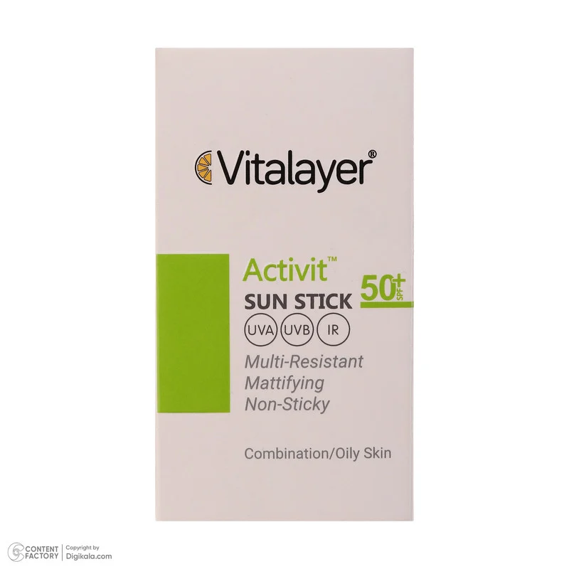 ضد آفتاب استیکی بی‌رنگ ویتالیر SPF 50 مدل اکتیویت ‌محافظ UVA،UVB,IR مناسب پوست‌های مختلط و چرب وزن 15 گرم
