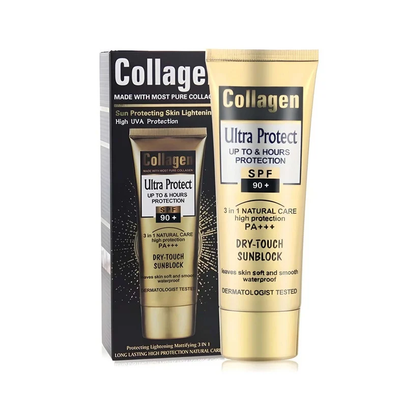 کرم ضد آفتاب بدون رنگ کلاژن spf90 مدل Ultra Protect محافظت کننده در برابر اشعه UVA و UVB مناسب برای انواع پوست‌ حجم 100 میلی لیتر