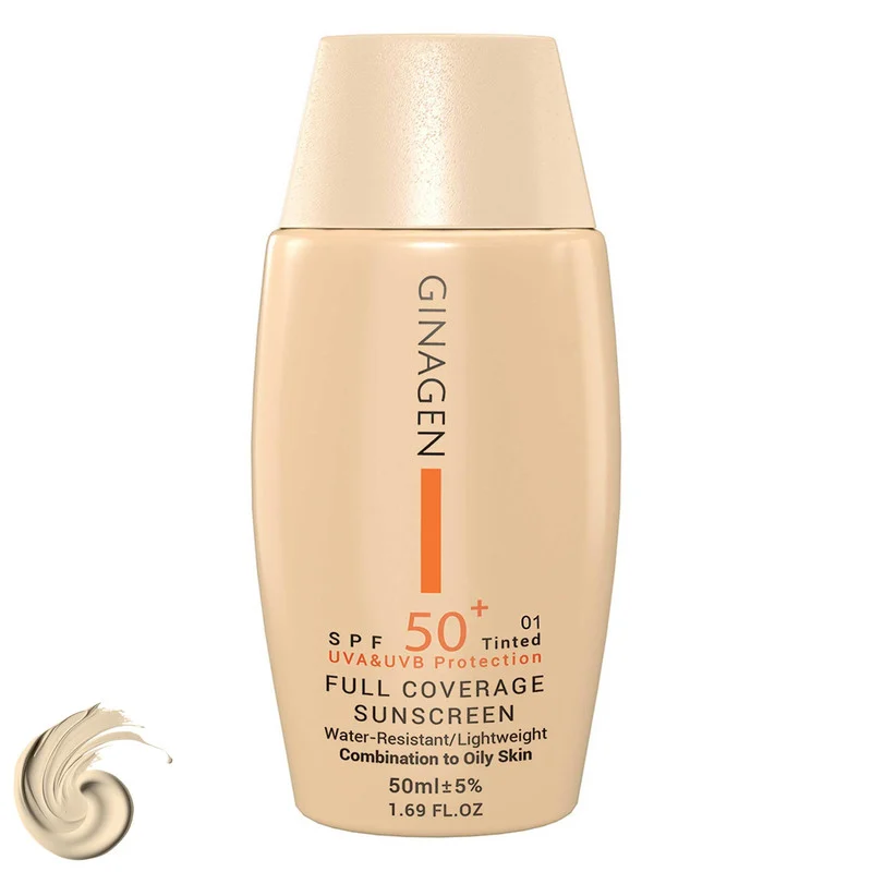 کرم ضد آفتاب رنگی ژیناژن، SPF 50، مدل 01، ‌مناسب پوست‌های چرب و مختلط با تنالیته روشن و حجم 50 میلی‌لیتر، ضد آب، محافظت‌کننده در برابر اشعه‌های UVA و UVB، ضد چروک، ضد لک و پیری، دارای فرمولاسیون مواد و املاح معدنی، با ماندگاری 2 ساعته
