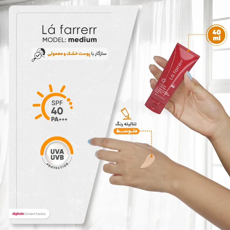 کرم ضدآفتاب و ضدلک رنگی لافارر مدل SPF40-Medium، مناسب پوست‌های خشک و معمولی، حجم 40 میلی‌لیتر