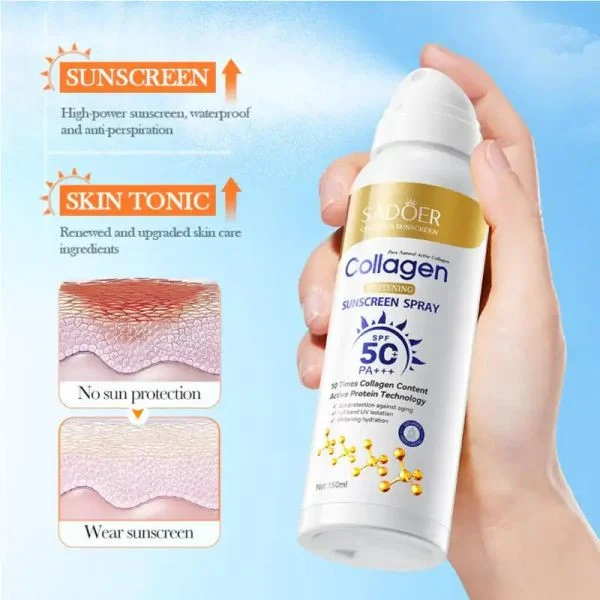 اسپری ضد آفتاب بی رنگ سادور SPF 50 مدل کلاژن محافظ UVA ،UVB و PA+++،مناسب برای انواع پوست‌ حجم 150 میلی لیتر