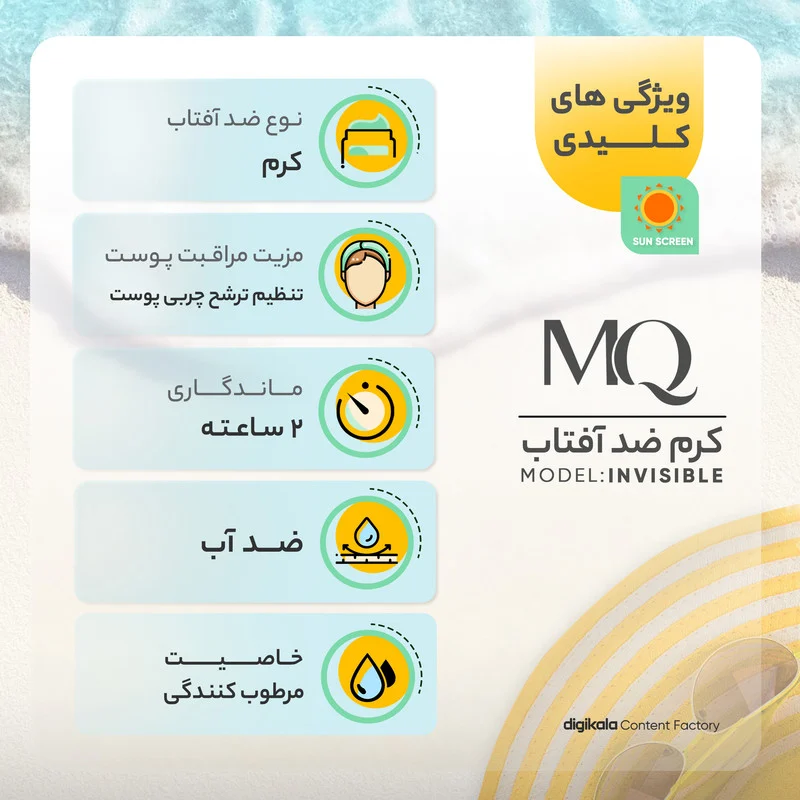 کرم ضدآفتاب بی‌رنگ ام کیو SPF50 مدل INVISIBLE، مناسب پوست‌های چرب، حجم 55 میلی‌لیتر