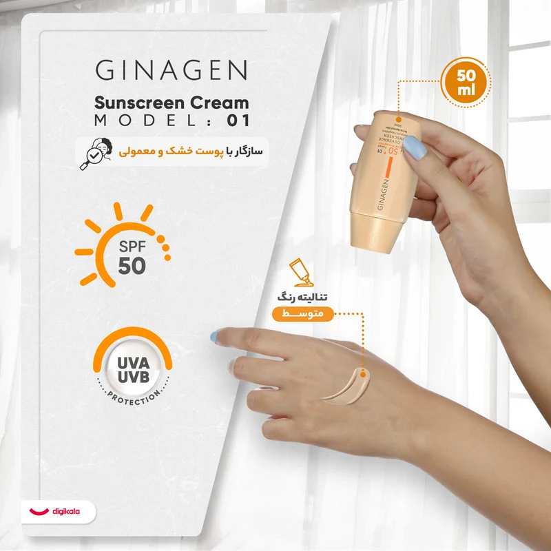 کرم ضد آفتاب رنگی ژیناژن، SPF 50، مدل 01، ‌مناسب پوست‌های خشک و نرمال با تنالیته متوسط و حجم 50 میلی‌لیتر، ضد آب، فاقد پارابن، محافظت‌کننده در برابر اشعه‌های UVA و UVB، ارای فرمولاسیون بدون الکل و گلیسیرین غنی شده با ویتامین‌ E، با ماندگاری 4 ساعته