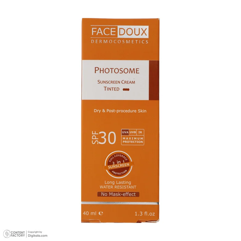 کرم ضد آفتاب رنگی فیس دوکس SPF 30 مدل فوتوزوم محافظ اشعه UVA و UVB، ‌ضد آب، مناسب پوست‌های خشک حجم 40 میلی‌لیتر