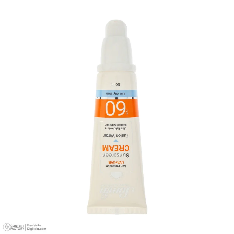 کرم ضد آفتاب بیرنگ صورت ثمین SPF 60 مدل Fusion Water محافظ UVA ، UVB مناسب برای پوستهای چرب حجم 50 میلیلیتر