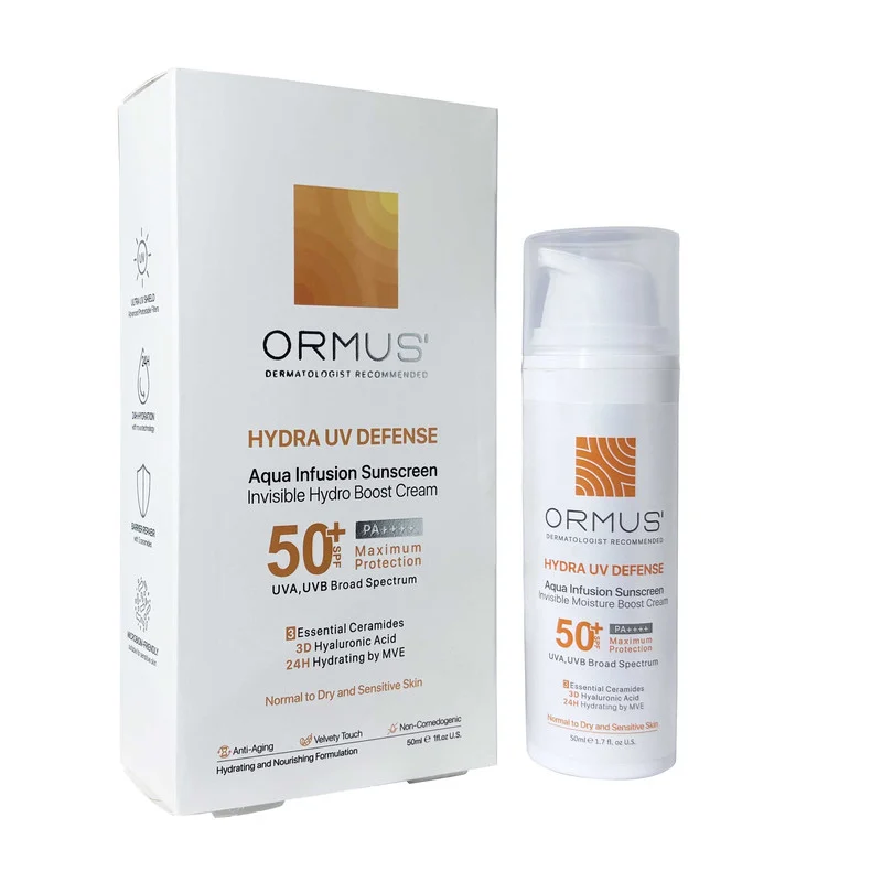 کرم ضد آفتاب بدون رنگ اورموس +SPF 50 مدل Hydra UV Defense ‌محافظ UVA ،UVB و PA++++ ، مناسب برای پوست‌ خشک و حساس حجم 50 میلی‌لیتر