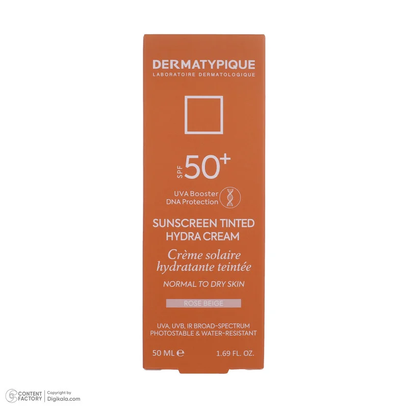 کرم ضد آفتاب رنگی درماتیپیک، 50 SPF، مدل هیدرا، مناسب پوست نرمال تا خشک تنالیته رنگ روشن و حجم 50 میلی‌لیتر، محافظت کننده در برابر اشعه UVA، UVB، IR، ضد آب، ضد خطوط ریز و پیری پوست، مرطوب کننده، التیام‌بخش، با ماندگاری 2 ساعته