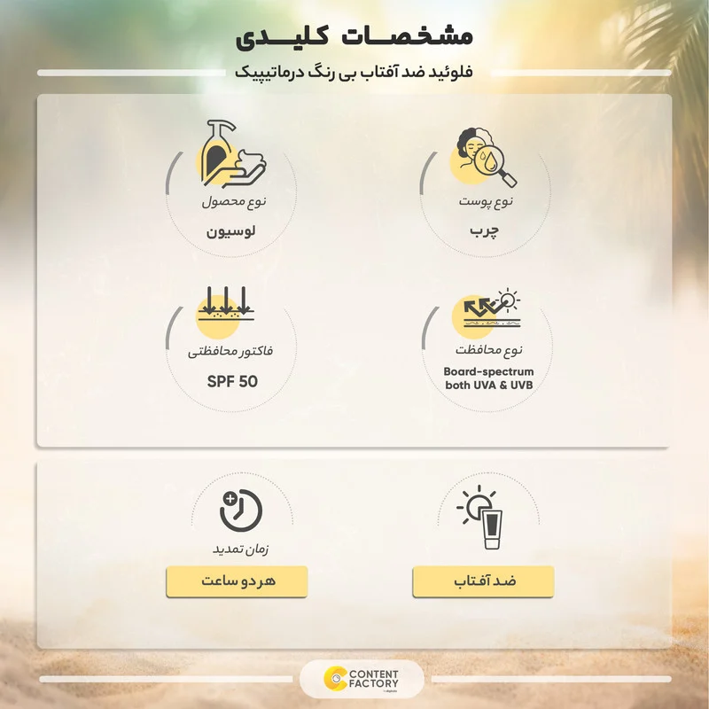 فلوئید ضدآفتاب بی‌رنگ درماتیپیک +SPF50 مدل SFM، مناسب پوست‌های چرب، حجم 50 میلی‌لیتر