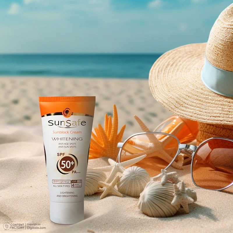 كرم ضد آفتاب رنگی سان سيف، مدل SPF50، مناسب انواع پوست تنالیته رنگ روشن و حجم 50 میلی‌لیتر، محافظت کننده در برابر اشعه UVA و UVB، مرطوب کننده، +++ PA، ضد لک، روشن کننده، ضد چروک، دارای فرمولاسیون فیزیکی، با ماندگاری 2 ساعته