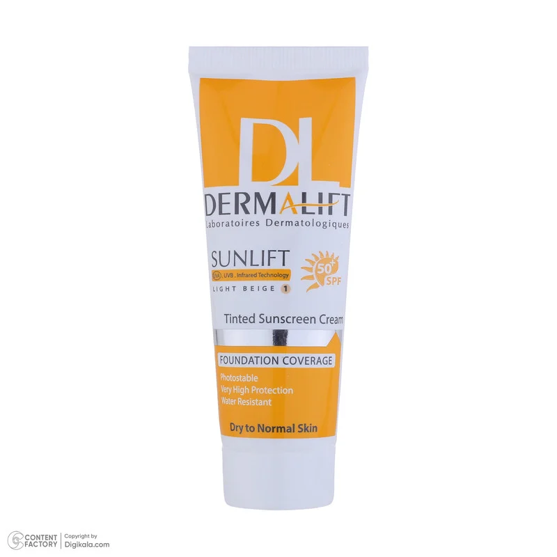 کرم ضد آفتاب رنگی درمالیفت، SPF50، مدل سانلیفت، مناسب پوست خشک و معمولی تنالیته رنگ روشن و حجم 40 میلی‌لیتر، محافظت کننده در برابر اشعه UVA، UVB و IR، مقاوم در برابر آب، دارای فرمولاسیون شیمیایی، با ماندگاری 3 ساعته