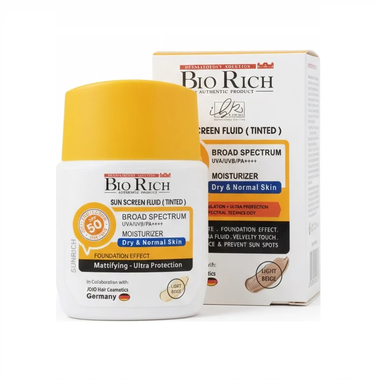فلوئید ضد آفتاب رنگی صورت بایوریچ SPF 50 مدل BROAD SPECTRUM محافظ UVA ،UVB و PA+++ مناسب برای پوست‌ خشک و معمولی حجم 50 میلی‌لیتر