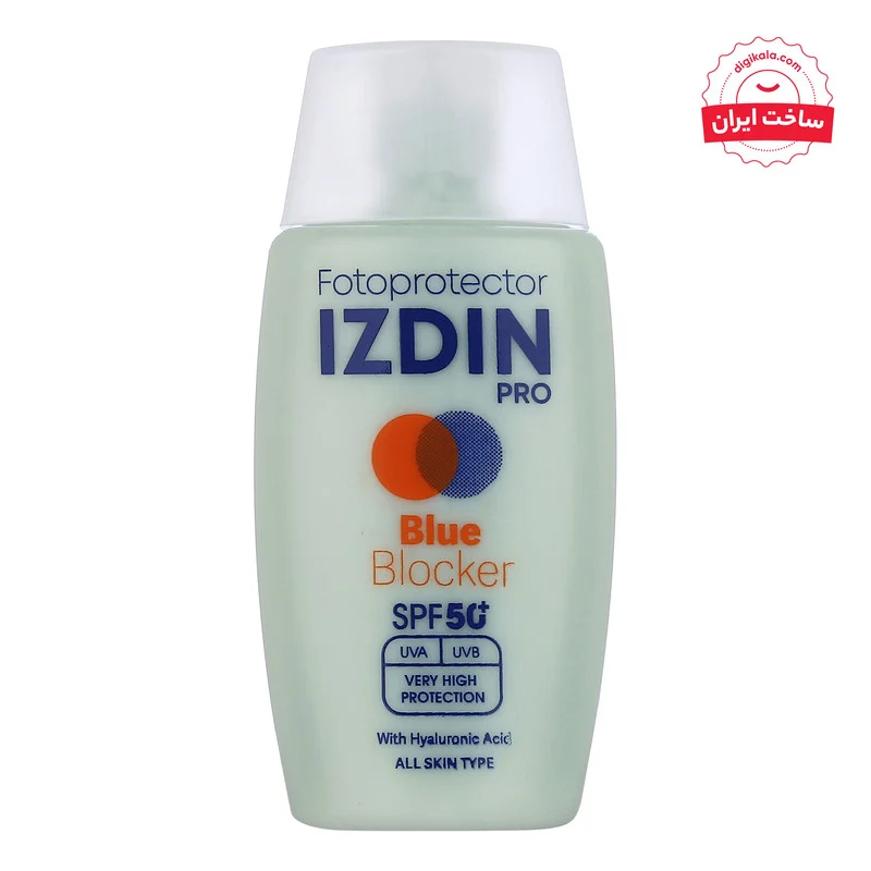 فلوئید ضد آفتاب بی‌رنگ صورت و گردن ایزدین پرو SPF 50 مدل Blue Blocker ‌محافظ در برابر اشعه UVA و UVB مناسب برای انواع پوست حجم 50 میلی‌لیتر