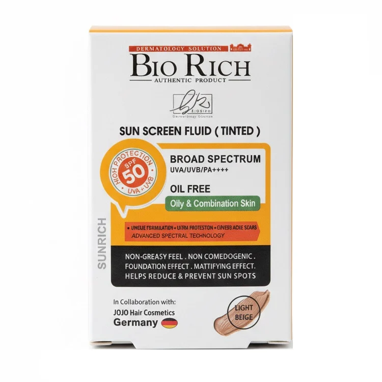 فلوئید ضد آفتاب رنگی بایوریچ SPF 50 مدل BROAD SPECTRUM ‌محافظ UVA ،UVB و PA+++،مناسب برای پوست‌ چرب و مختلط حجم 50 میلی‌لیتر