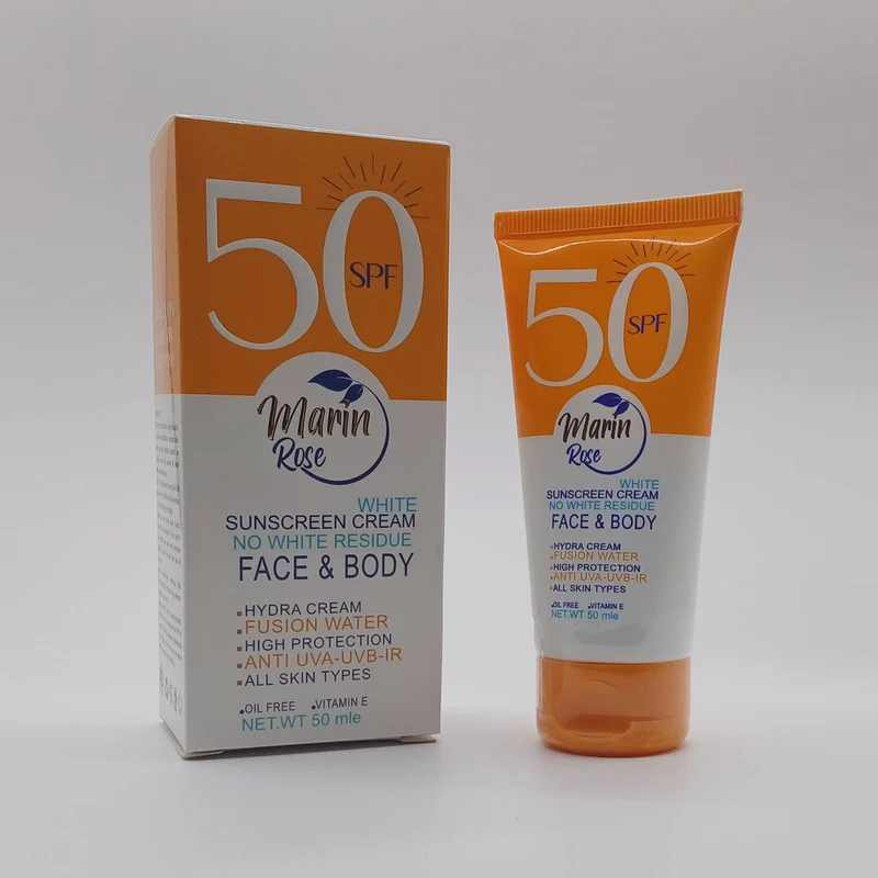 کرم ضد آفتاب بی رنگ صورت و بدن مارین رز SPF50 مدل OIL FREE محافظت‌کننده در برابر اشعه UVA و UVB مناسب انواع پوست حجم ۵۰ میلی لیتر