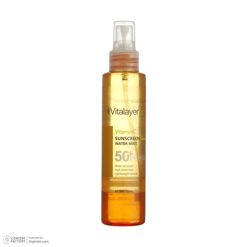اسپری ضدآفتاب بدون رنگ ویتالیر SPF50 مدل Vitamine C ‌مناسب برای انواع پوست، حجم 150 میلی‌لیتر