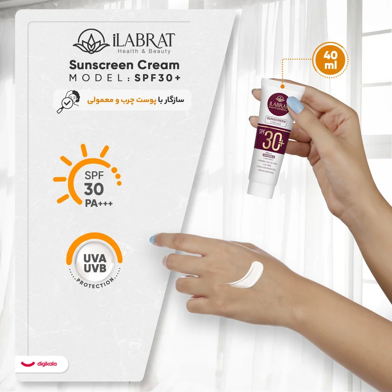 کرم ضدآفتاب بی‌رنگ ایلابرت، SPF 30، مدل ضد لک 30 پلاس، مناسب پوست‌های معمولی و چرب با حجم 40 میلی‌لیتر، محافظت‌کننده در برابر اشعه‌های UVA و PA ،UVB+++، ضد لک و پیری، دارای فرمولاسیون فاقد چربی، با ماندگاری 2 ساعته
