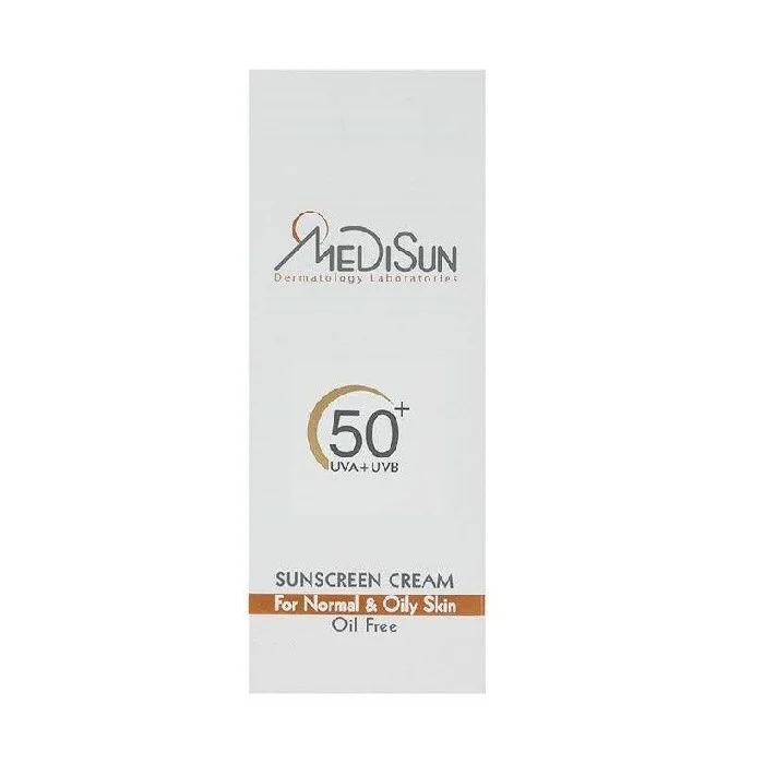 کرم ضد آفتاب بی‌رنگ مدیسان، SPF 50، مناسب پوست‌های چرب و معمولی با حجم 50 میلی‌لیتر، محافظت‌کننده در برابر اشعه‌های UVA و UVB، دارای فرمولاسیون فاقد چربی، ویتامین‌های E و C، با ماندگاری 2 ساعته