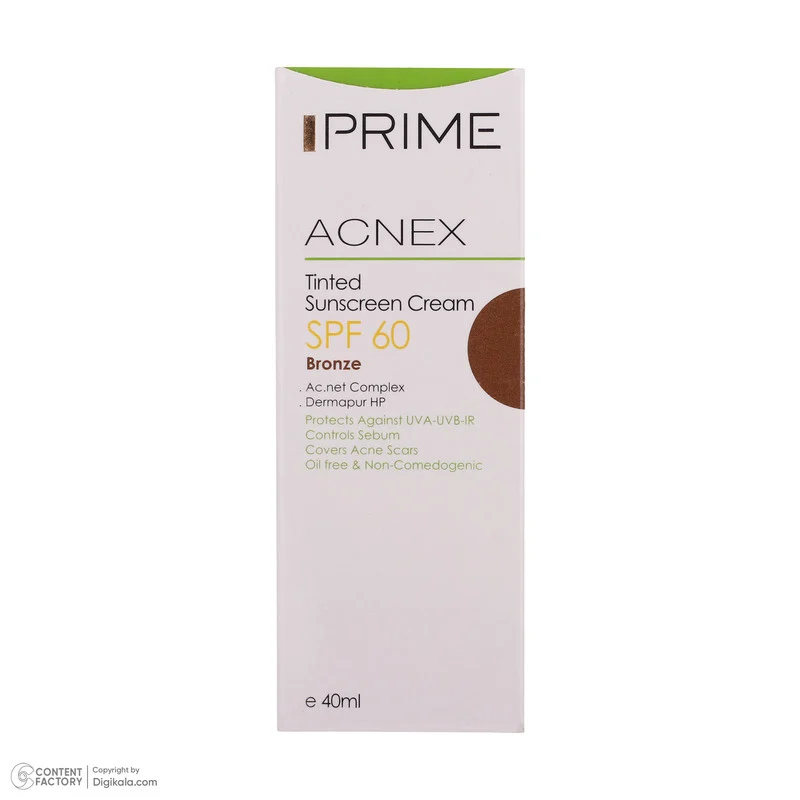 کرم ضدآفتاب رنگی پرایم مدل Acnex SPF60، مناسب پوست‌های چرب، حجم 40 میلی‌لیتر