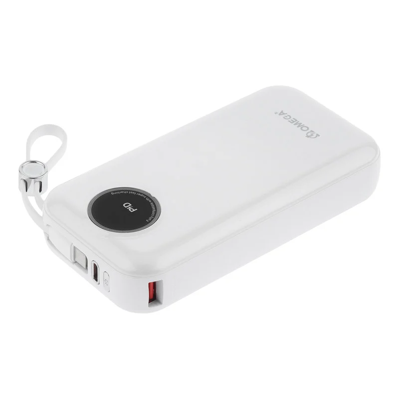 پاوربانک 22.5 وات امگا مدل PB2005 ظرفیت 20000 میلی‌آمپرساعت به همراه کابل USB-C به USB-C/لایتنینگ