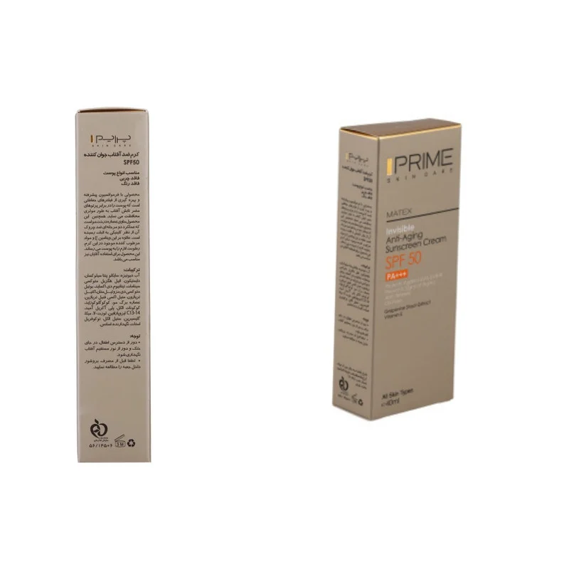 کرم ضد آفتاب بدون رنگ پرایم SPF 50 مدل aging ‌محافظ UVA ،UVB و PA+++ مناسب برای انواع پوست‌ حجم 40 میلی لیتر بسته دو عددی