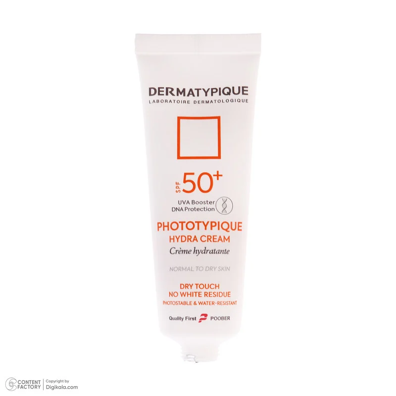 فلوئید ضد آفتاب بدون رنگ درماتیپیک مدل hydra cream محافظ UVA،UVB مناسب برای پوست خشک حجم 40 میلی لیتر