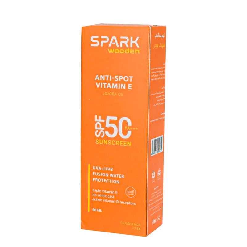 کرم ضد آفتاب بی‌رنگ دست و صورت و بدن اسپارک وودن SPF 50 مدل ویتامین E ‌مناسب برای انواع پوست حجم 50 میلی‌لیتر
