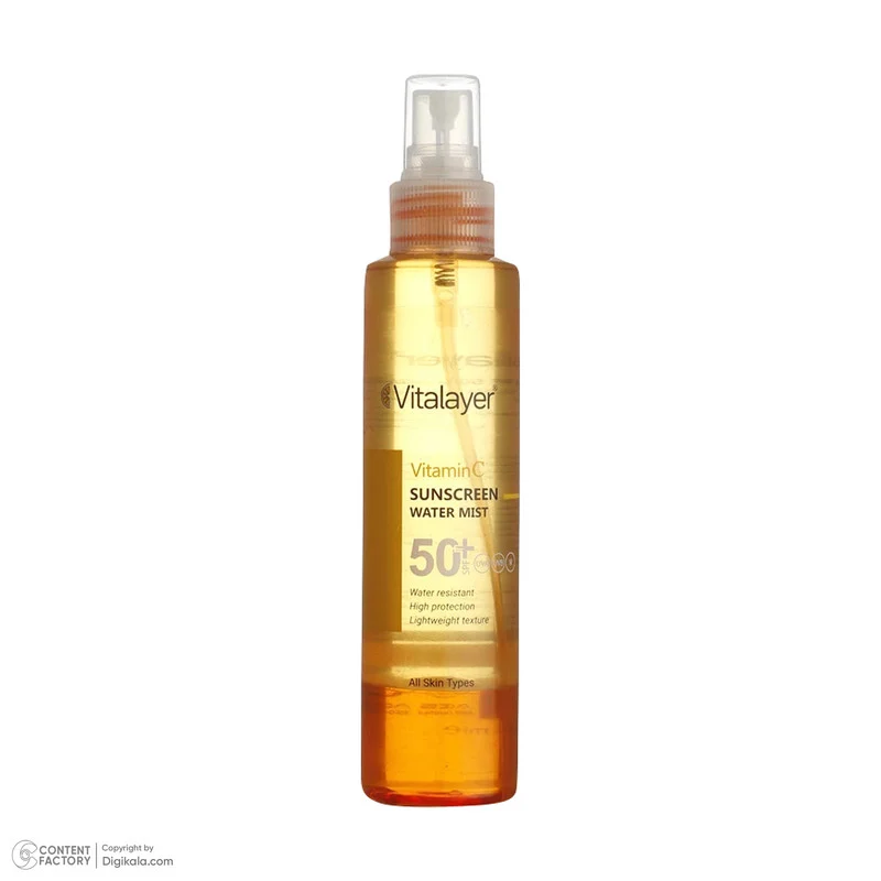 اسپری ضدآفتاب بدون رنگ ویتالیر SPF50 مدل Vitamine C ‌مناسب برای انواع پوست، حجم 150 میلی‌لیتر