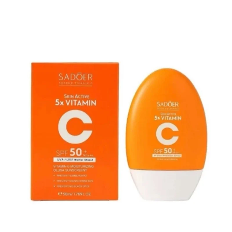 کرم ضد آفتاب بی‌رنگ دست، صورت سادور SPF 50 مدل Vitamin C ×5 ‌، محافظ +++UVA،UVB،PA، مناسب برای انواع پوست حجم ۵۰ میلی‌لیتر