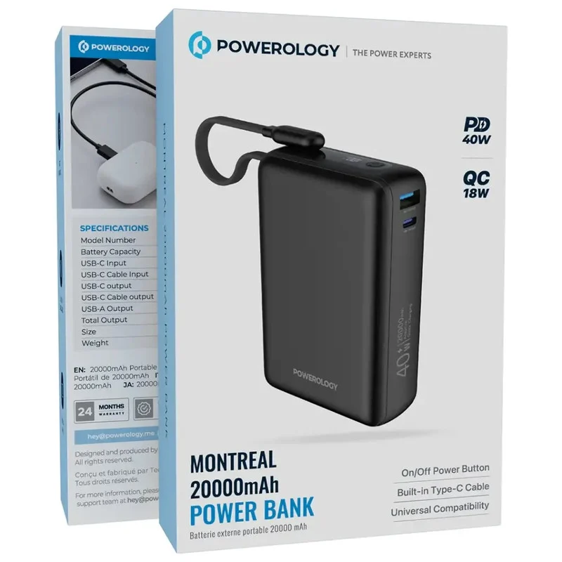 پاوربانک 40 وات پاورولوجی مدل MONTREAL ظرفیت 20000 میلیآمپرساعت