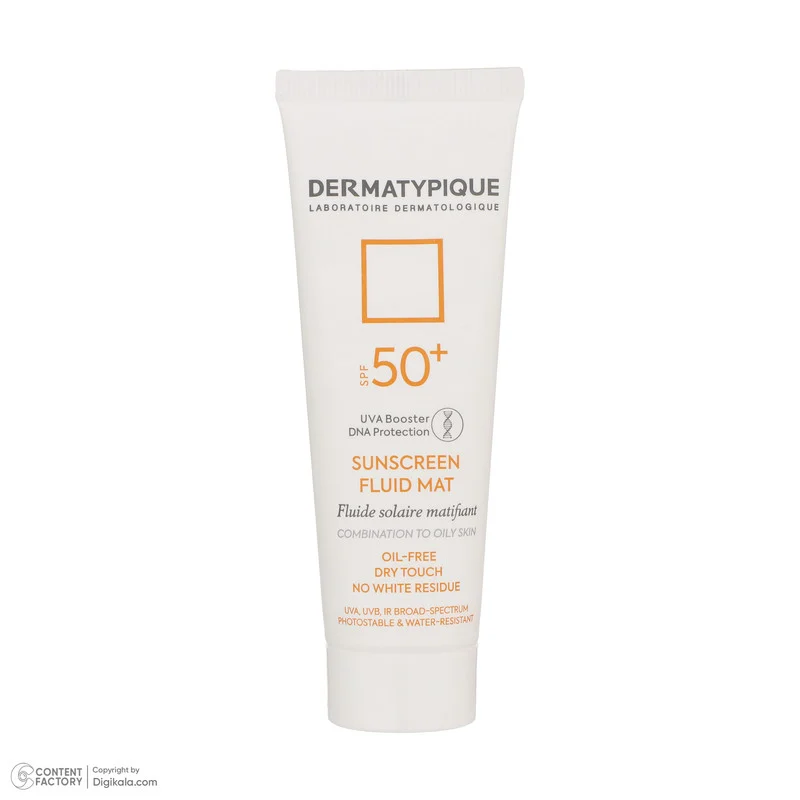 فلوئید ضدآفتاب بی‌رنگ درماتیپیک +SPF50 مدل SFM، مناسب پوست‌های چرب، حجم 50 میلی‌لیتر