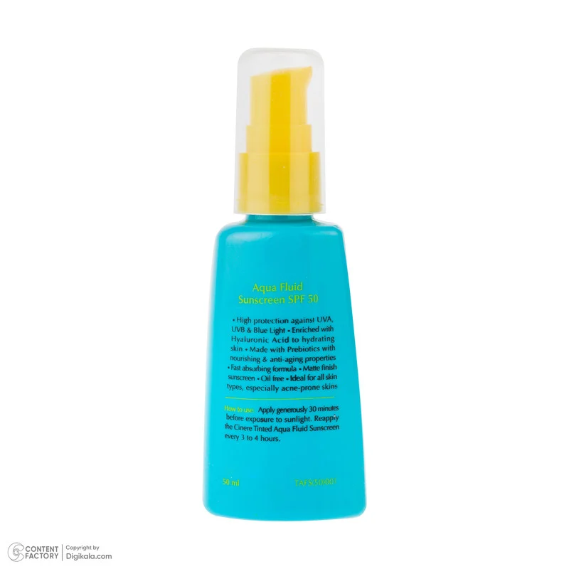 فلوئید ضد آفتاب رنگی بژ طبیعی صورت سینره SPF 50 مدل AQUA محافظ UVA ،UVB و ++++PA مناسب برای انواع پوست حجم 50 میلیلیتر