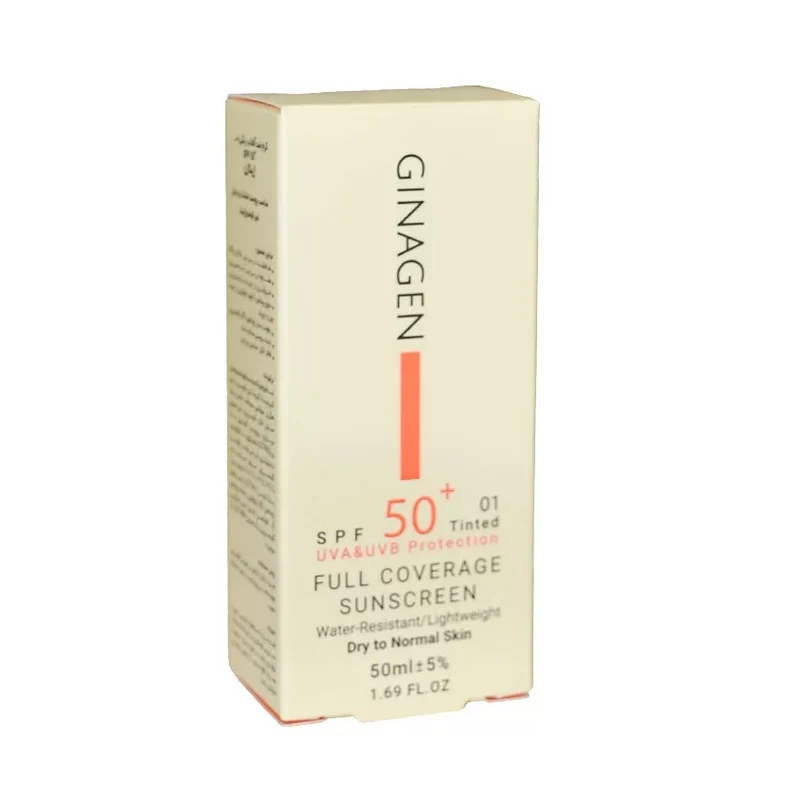 کرم ضد آفتاب رنگی ژیناژن، SPF 50، مدل 01، ‌مناسب پوست‌های خشک و نرمال با تنالیته متوسط و حجم 50 میلی‌لیتر، ضد آب، فاقد پارابن، محافظت‌کننده در برابر اشعه‌های UVA و UVB، ارای فرمولاسیون بدون الکل و گلیسیرین غنی شده با ویتامین‌ E، با ماندگاری 4 ساعته
