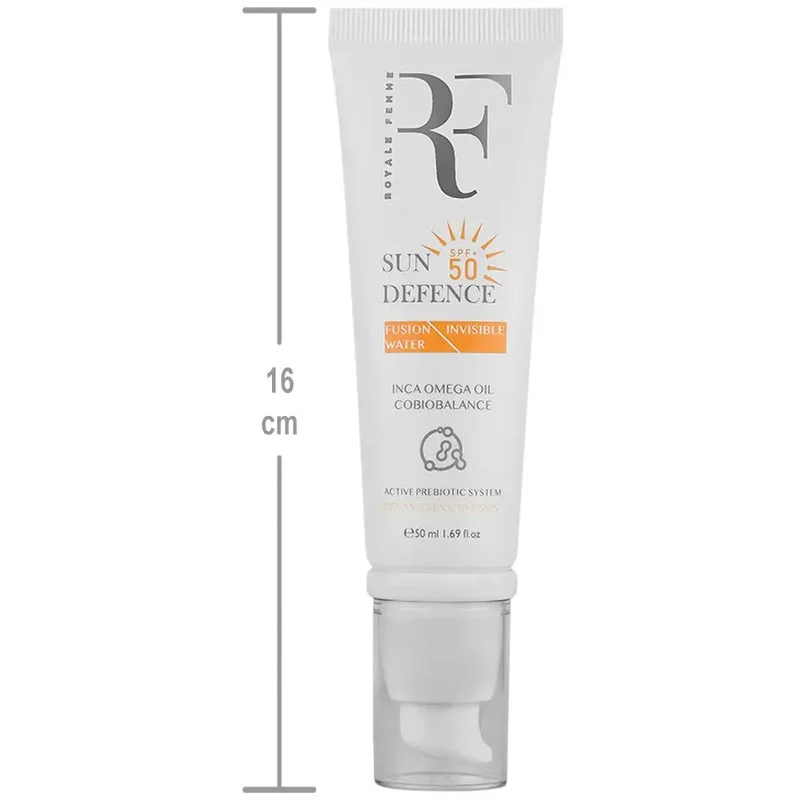 کرم ضد آفتاب بدون رنگ آر.اف رویال فم SPF50 مدل Fusion water مناسب پوست خشک و حساس ‌حجم 50 میلی‌لیتر