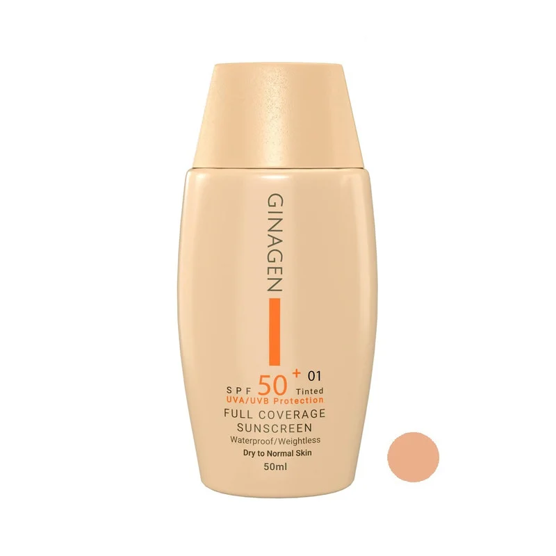 کرم ضد آفتاب رنگی ژیناژن، SPF 50، مدل 01، ‌مناسب پوست‌های خشک و نرمال با تنالیته متوسط و حجم 50 میلی‌لیتر، ضد آب، فاقد پارابن، محافظت‌کننده در برابر اشعه‌های UVA و UVB، ارای فرمولاسیون بدون الکل و گلیسیرین غنی شده با ویتامین‌ E، با ماندگاری 4 ساعته