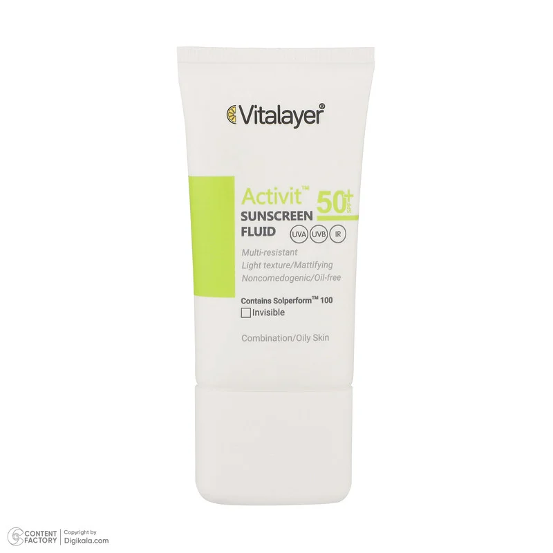 فلوئید ضدآفتاب بی‌رنگ ویتالیر SPF50 مدل Activit، مناسب پوست‌های مختلط و چرب، حجم 50 میلی‌لیتر