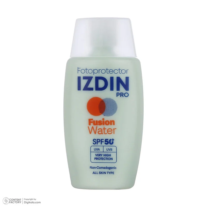 فلوئید ضد آفتاب بی‌رنگ صورت و گردن ایزدین پرو SPF 50 مدل Fusion Water ‌محافظ در برابر اشعه UVA و UVB مناسب برای انواع پوست حجم 50 میلی‌لیتر