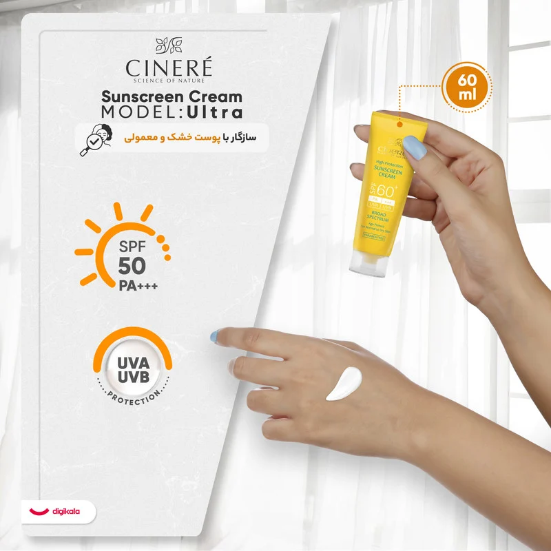 کرم ضد آفتاب بدون رنگ سینره، SPF60، مدل اولترا، مناسب پوست معمولی و خشک و حجم 50 میلی‌لیتر، محافظت کننده در برابر اشعه UVA و UVB، بدون پارابن، +++PA، ضد پیری پوست، با ماندگاری 2 ساعته