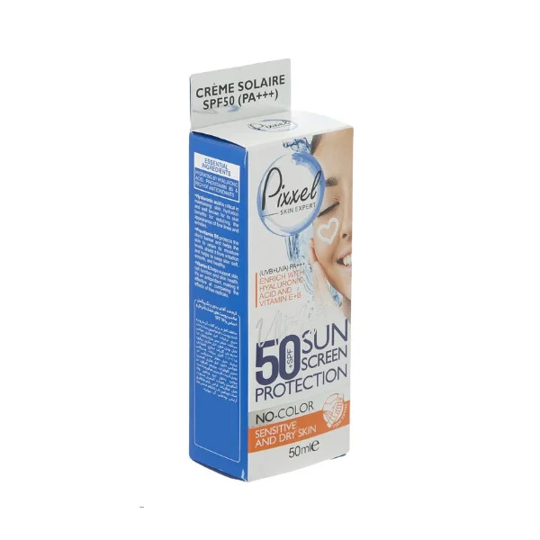 کرم ضدآفتاب بیرنگ پیکسل، با SPF50، مدل Sensitive، حاوی محافظ UVA ،UVB و +++PA، فاقد گلیسیرین، حاوی ویتامین E و B+، مناسب پوستهای خشک و حساس، حجم 50 میلیلیتر مجموعه دو عددی