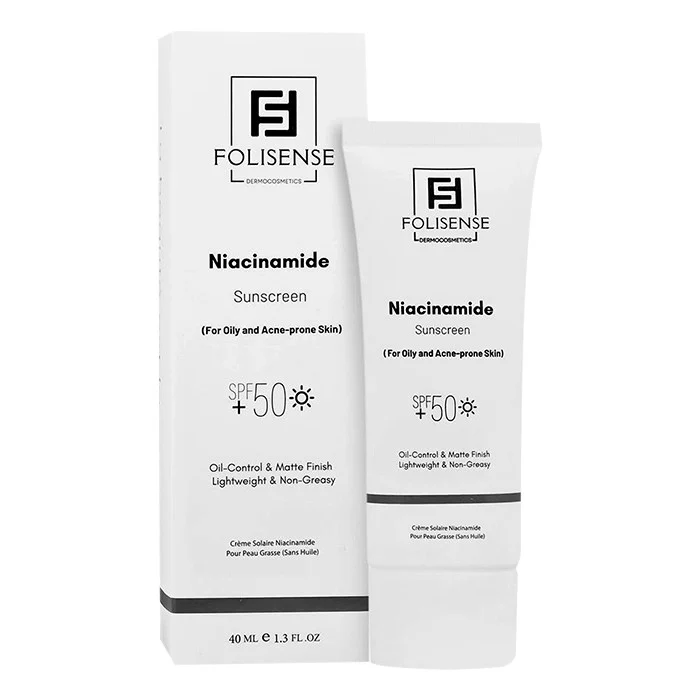 فلوئید ضد آفتاب بی‌رنگ صورت فولیسنس SPF 50 مدل نیاسینامید محافظ در برابر UVA/UVB ‌مناسب برای پوست چرب، مختلط، آکنه‌دار حجم 40 میلی‌لیتر