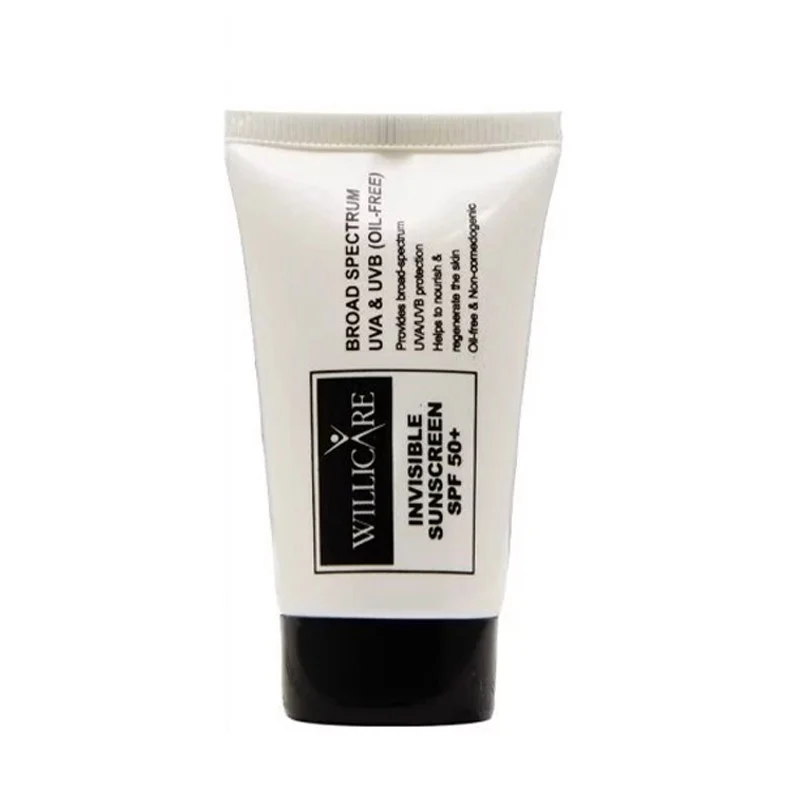 کرم ضد آفتاب بی رنگ صورت ویلی کر SPF 50 مدل اینویزیبل محافظ در برابر اشعه UVA و UVB مناسب برای انواع پوست حجم 40 میلی‌لیتر